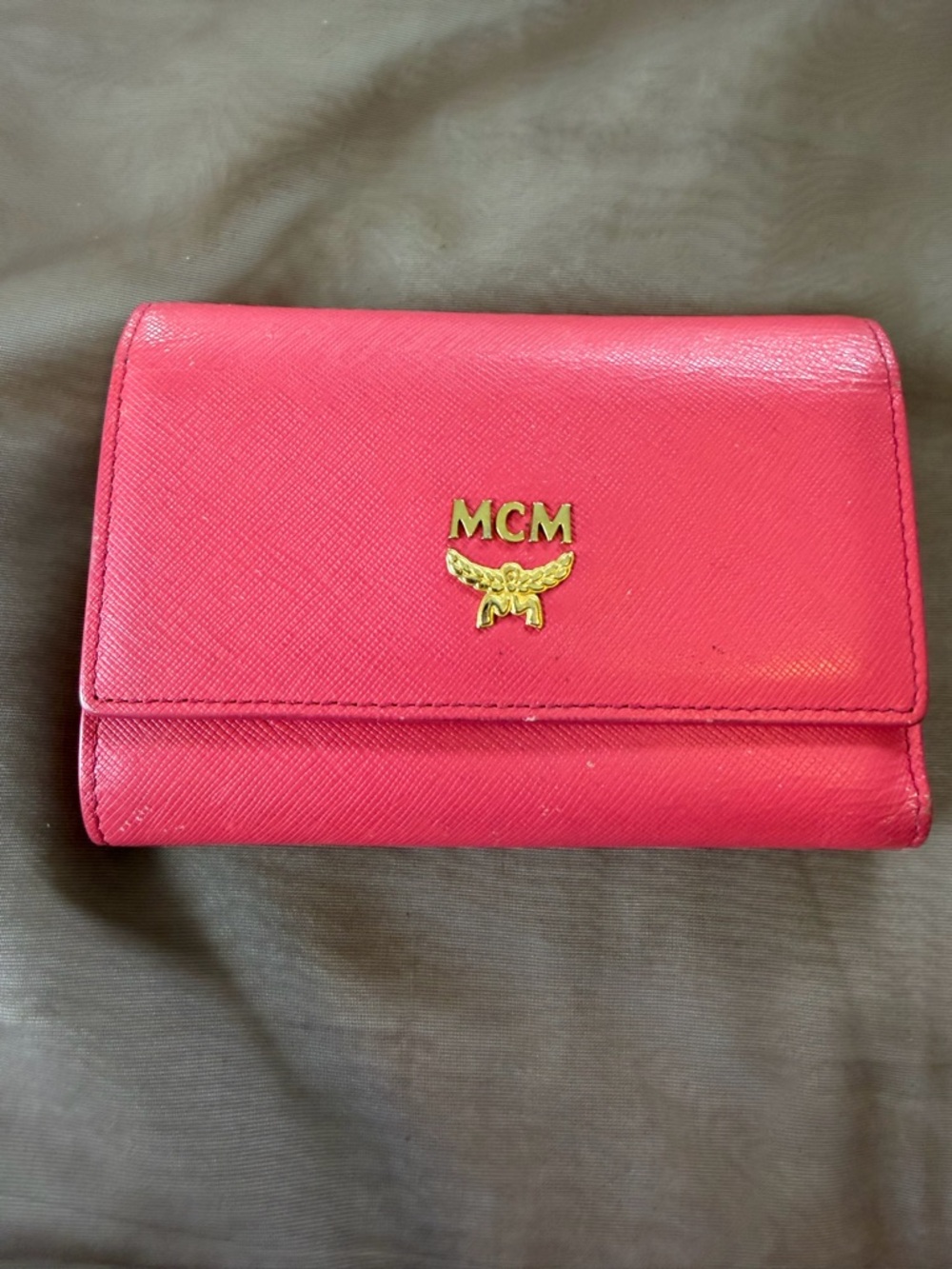 MCM Pink Leather Trifold Wallet with Gold Logo
